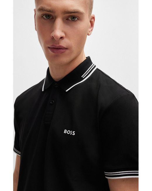 Boss Black Stretch-cotton Slim-fit Polo Shirt With Branding for men