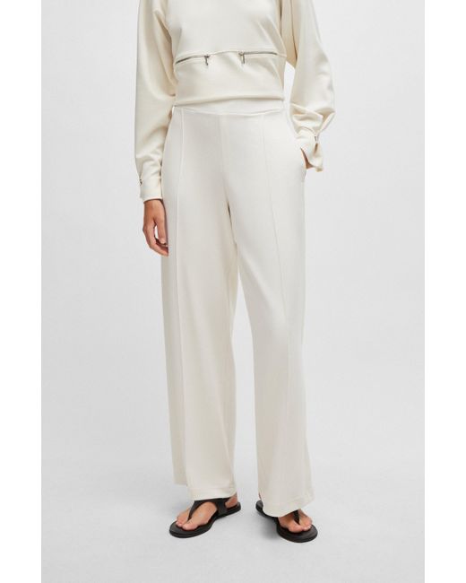 Boss White Piqué Jersey Trousers With Front Pleats
