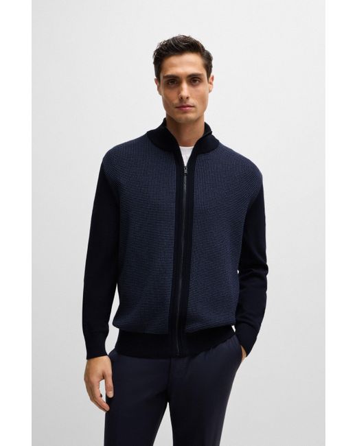 Boss Blue Zip-up Cardigan In Wool With Mixed Structures for men