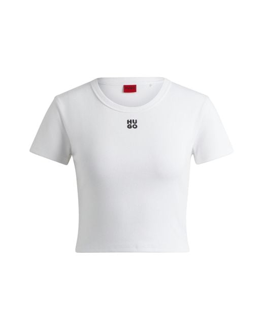 HUGO White Cotton-blend Cropped Slim-fit T-shirt With Stacked Logo