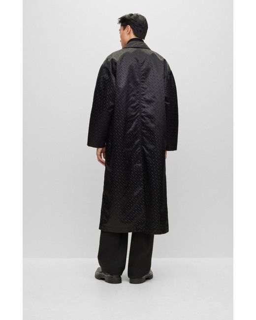 Boss Black Coated-jacquard Coat With Concealed Placket And Cotton Lining for men