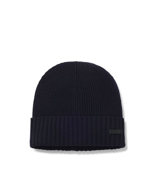 Boss Blue Rib-Knit Virgin-Wool Beanie With Logo Plaque for men