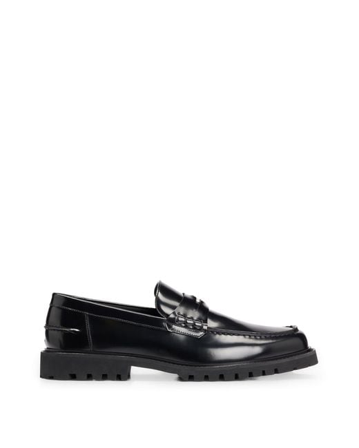 Boss Black Leather Moccasins With Branded Penny Trim for men