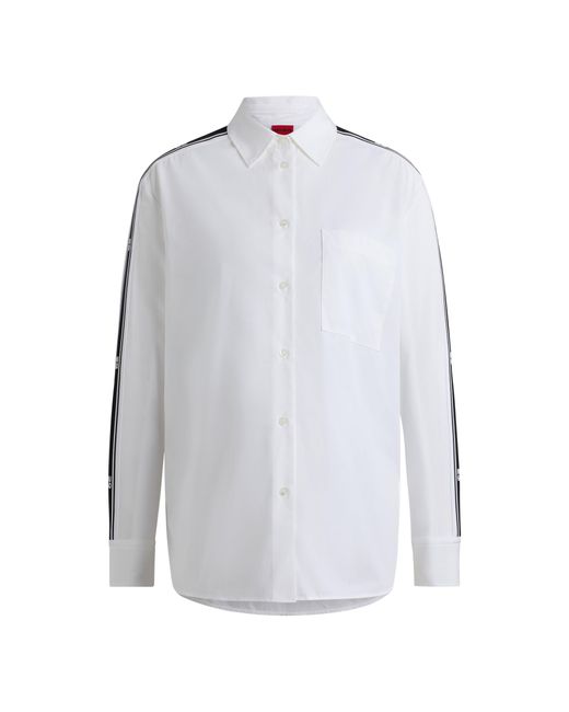 HUGO White Oversized-Fit Blouse With Stacked-Logo Tape Trims