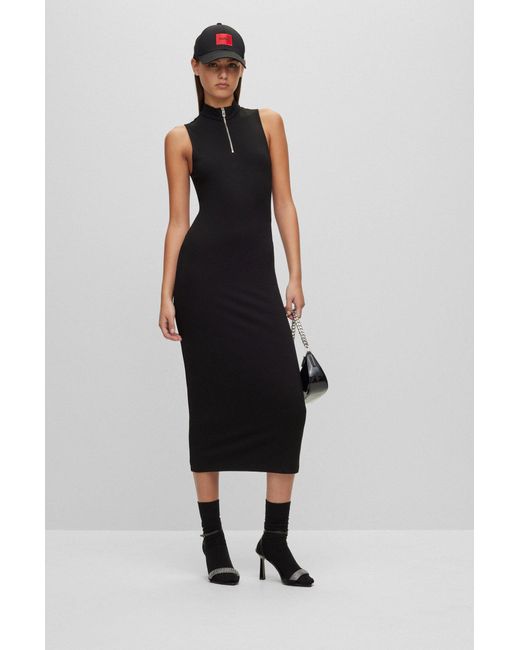 HUGO Black Slim-fit Sleeveless Dress With Zip Neckline