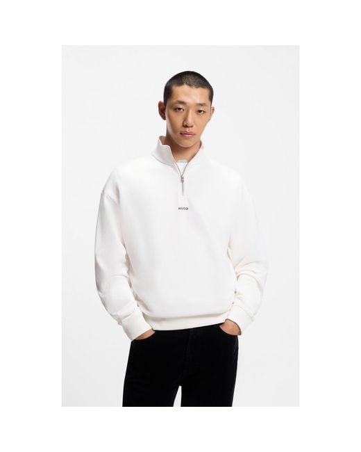 HUGO White Cotton-Terry Logo Sweatshirt With Zip Neck for men