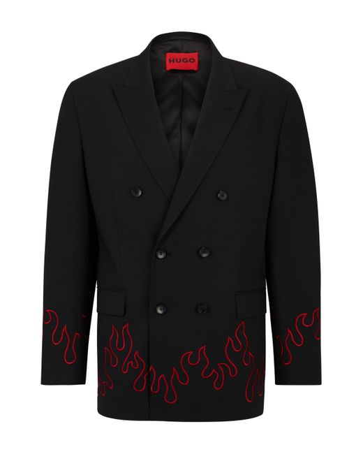 HUGO Black Modern-fit Double-breasted Jacket With Flame Embroidery for men