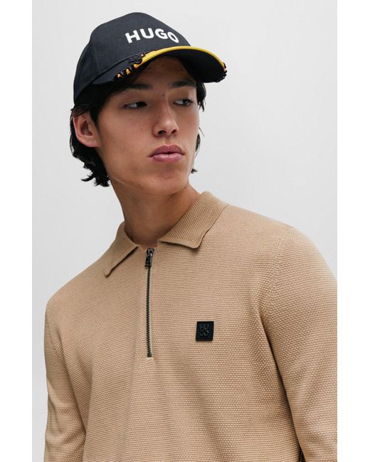 HUGO Natural Zip-neck Polo Sweater With Stacked-logo Badge for men