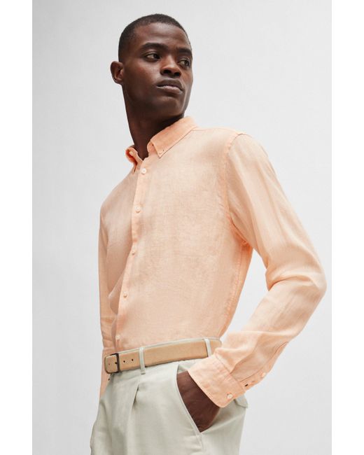 Boss Natural Regular-fit Linen Shirt With Button-down Collar for men
