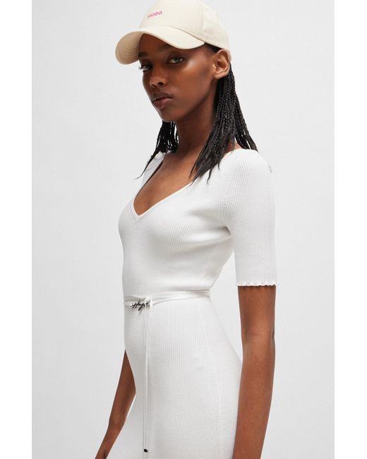 HUGO White Rib-knit Midi Dress With Branded Wrap Belt