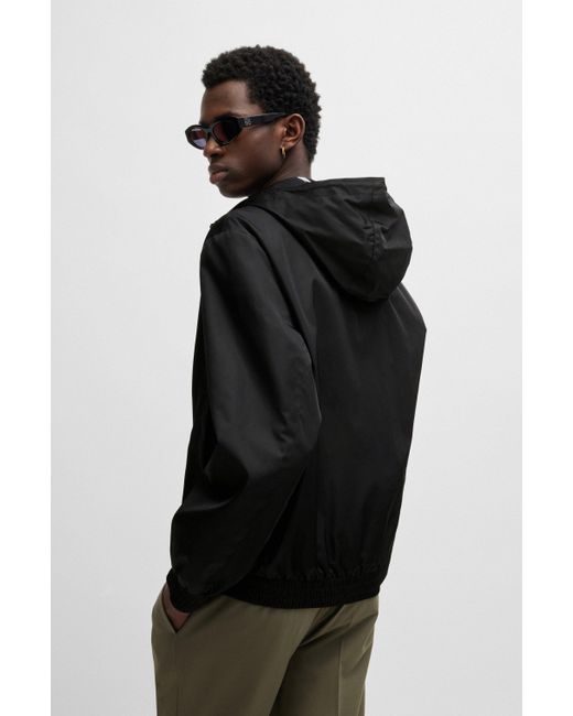HUGO Black Water-repellent Hooded Jacket With Stacked-logo Trim for men