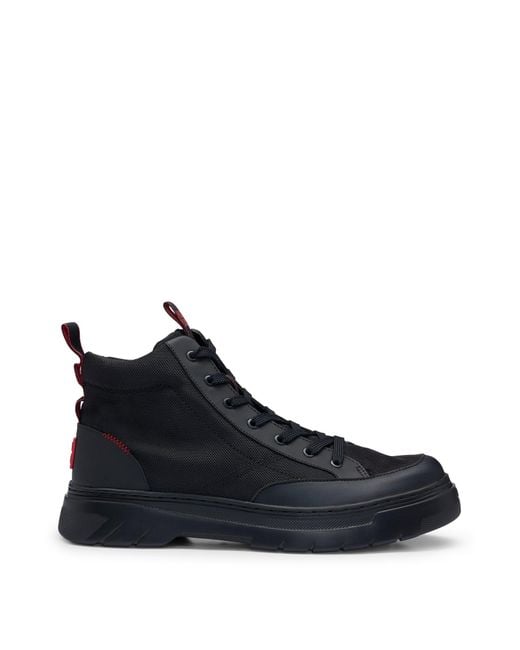 HUGO Black Mixed-material High-top Trainers With Red Details for men