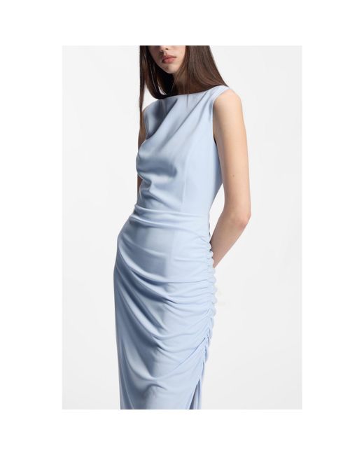 HUGO Blue Crepe Dress With Gathered Asymmetric Hemline