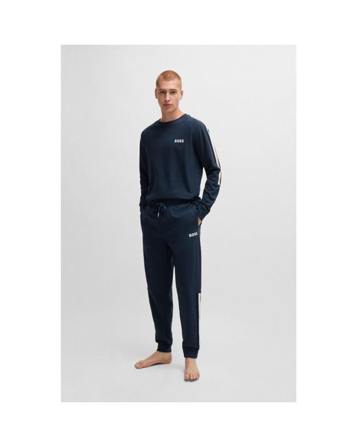 Boss Blue Cotton-Terry Pyjamas With Logos And Tape Details for men