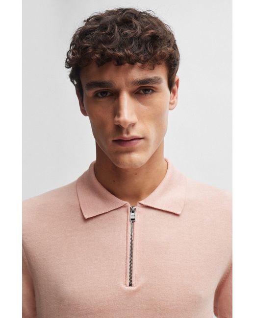 Boss Pink Zip-neck Polo Sweater In A Linen Blend for men