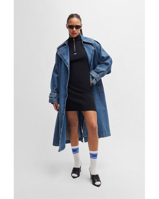 HUGO Trench Coat In Blue Denim With Branded Trims