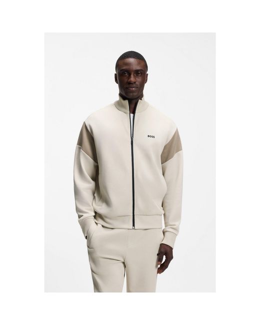 Boss Natural Zip-Up Cotton-Blend Sweatshirt With Contrast Inserts for men