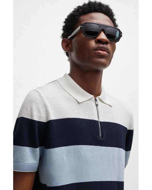 Boss Blue Zip-neck Polo Sweater In A Linen Blend for men