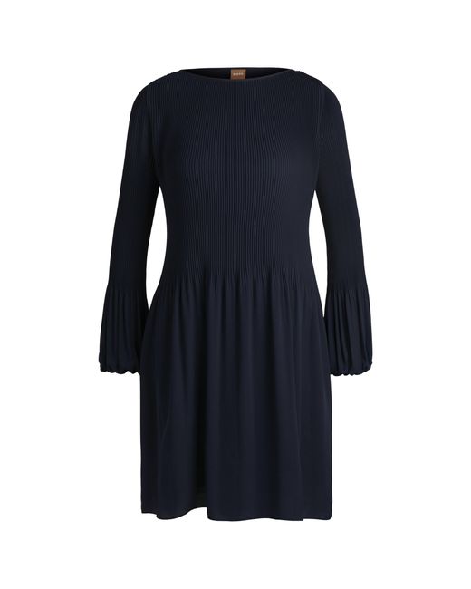 Boss Blue Regular-Fit Dress With Plissé Pleats And Crew Neckline