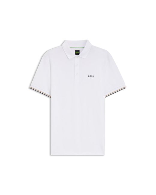 Boss White Active Slim-Fit Polo Shirt With Emed Tennis-Ball Pattern for men