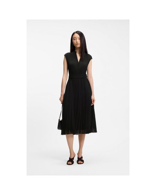 Boss Black Plissé-Crepe Dress With Notch Neckline