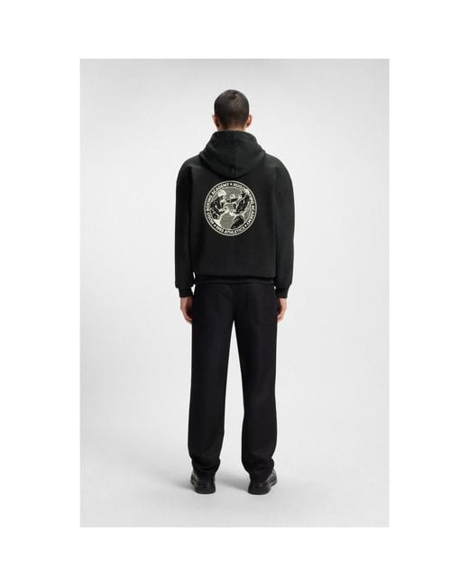 HUGO Black Cotton-Terry Hoodie With Boxing Artwork for men