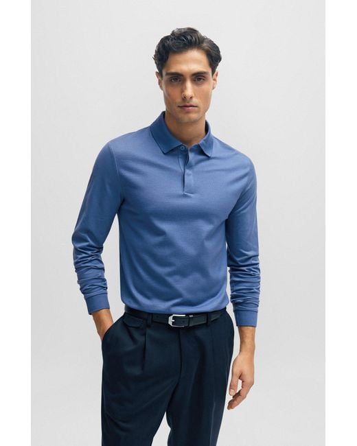 Boss Blue Cotton-blend Slim-fit Polo Shirt With Mercerised Finish for men