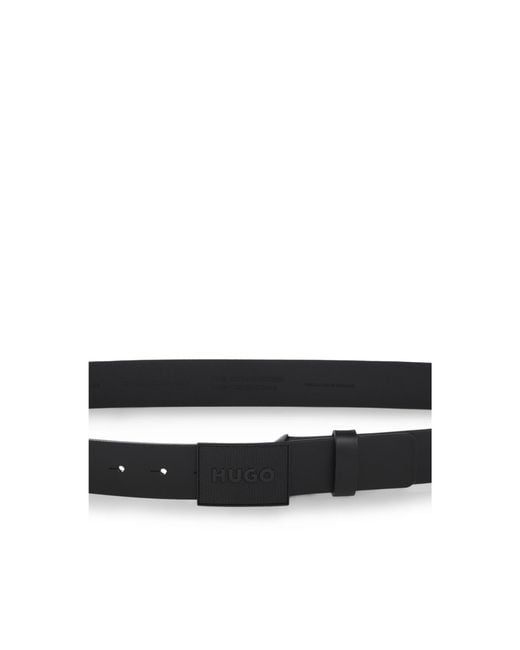 HUGO Black Buffalo-Leather Belt With Plaque Buckle for men