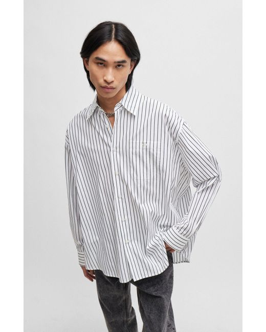 HUGO White Oversized-fit Shirt In Striped Cotton Poplin for men