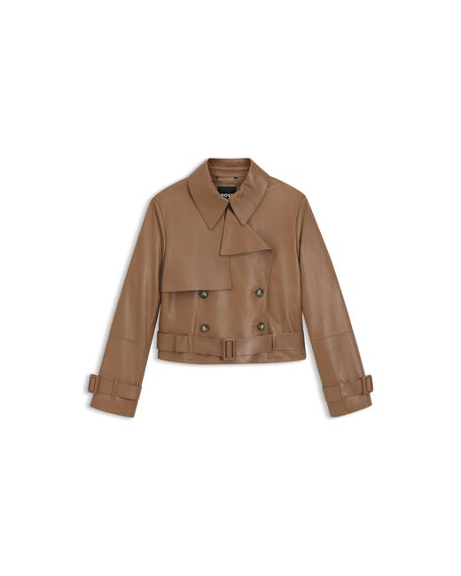 Boss Brown Trench-Style Leather Jacket With Tie-Up Belt