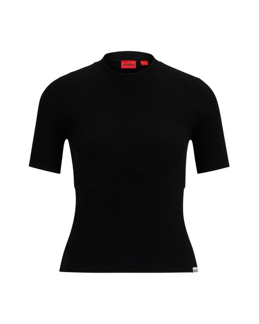HUGO Black Slim-fit Short-sleeved Sweater With Seam Detail