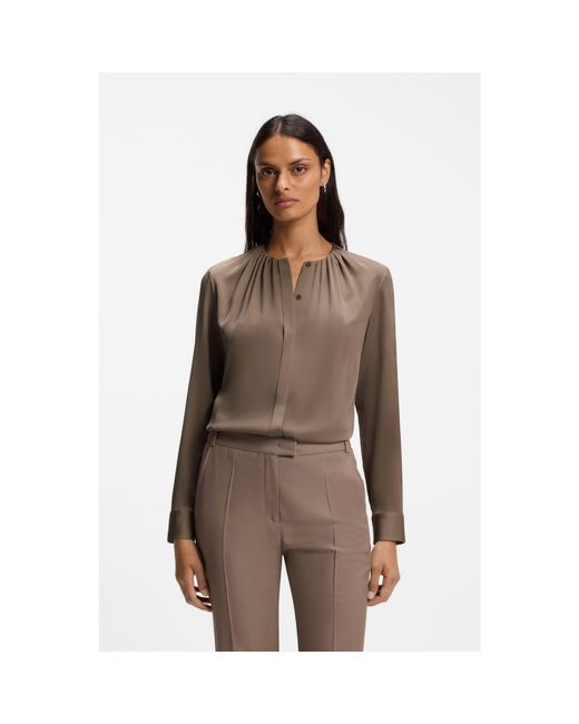 Boss Brown Stretch-Silk Blouse With Gathered Details