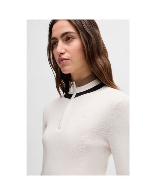Boss White Equestrian Zip-Neck Sweater With Ribbed Structure