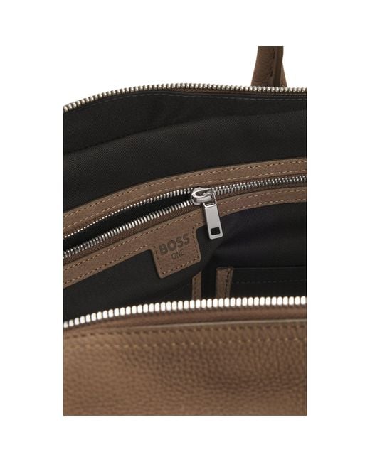 Boss Brown Grained Leather Holdall With Logo Keyholder for men