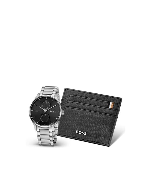 Boss Black Dial Watch And Leather Card Holder Gift Set for men