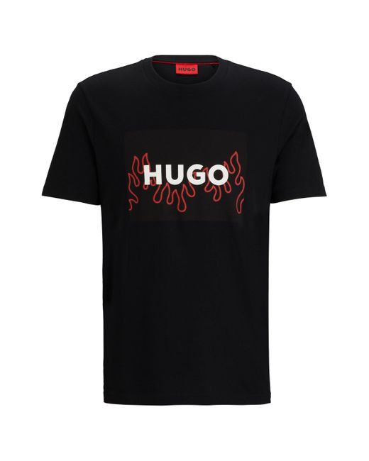 HUGO Regular-fit T-shirt Van Katoenen Jersey Met Vlammenlogo in het Black voor heren