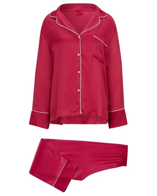 HUGO Pink Relaxed-fit Satin Pyjamas With Contrast Piping