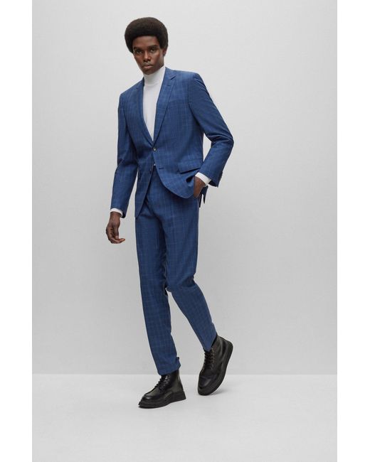 Boss Blue Slim-fit Suit In Checked Stretch Virgin Wool for men