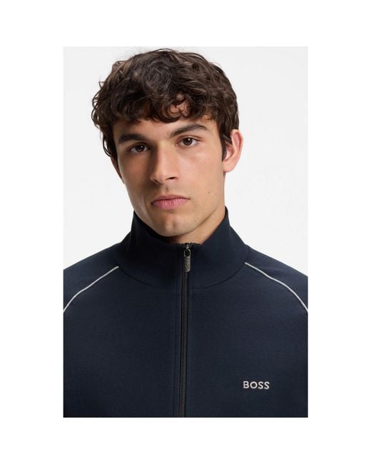 Boss Blue Stretch-Cotton Zip-Up Jacket With Embroidered Logo for men