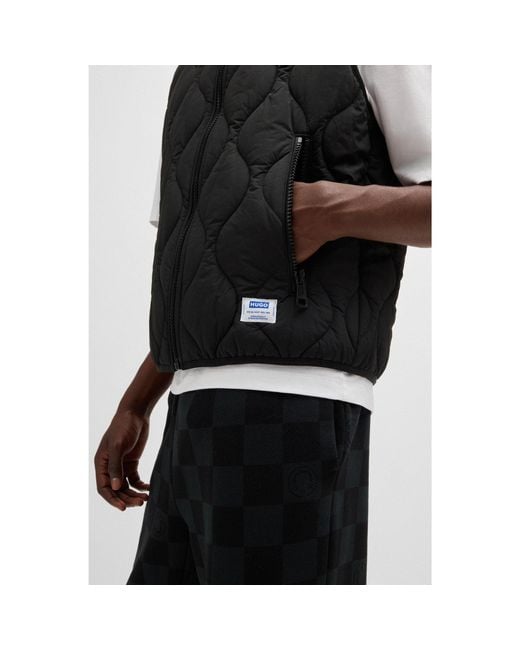 HUGO Black Water-Repellent Quilted Gilet With Logo Patch for men