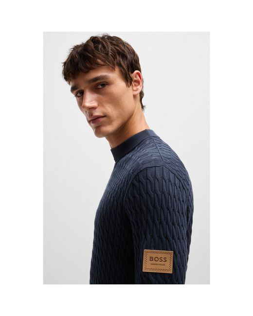 Boss Blue Equestrian Cotton Sweater With Cable Structure for men