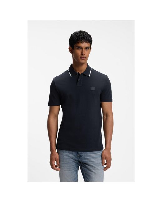 Boss Blue Cotton-Piqué Polo Shirt With Contrast Collar Stripe for men