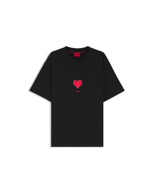 HUGO Black All-Gender Cotton-Jersey T-Shirt With Origami-Heart Prints