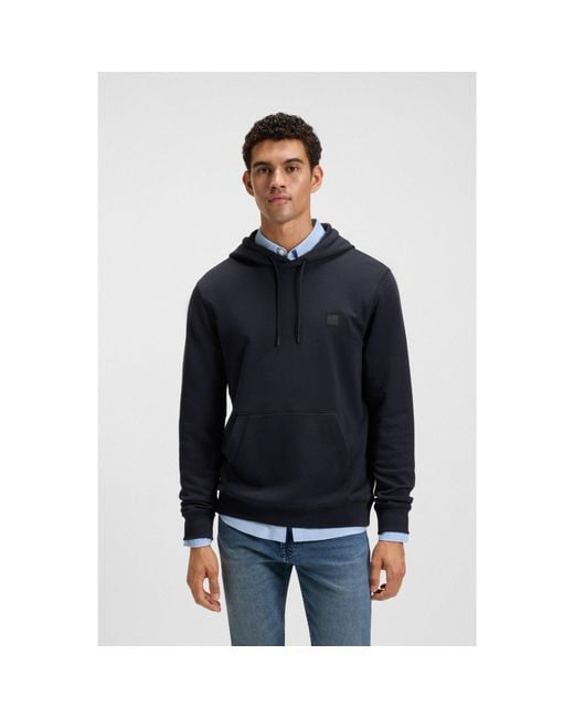 Boss Blue Cotton-Terry Hoodie With Logo Patch for men