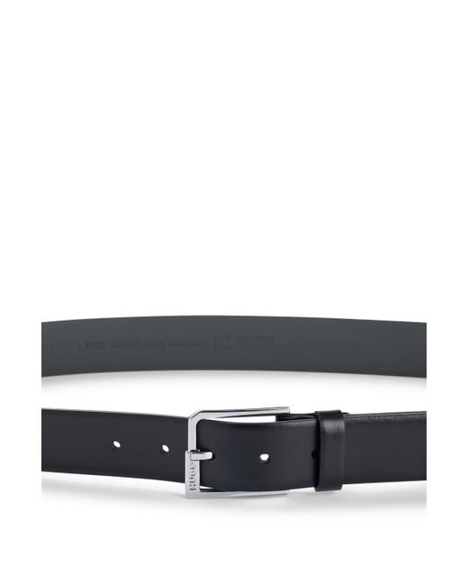 HUGO Black Italian-leather Belt With Logo Buckle for men