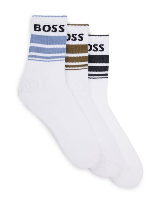 Boss White Three-pack Of Short Socks With Stripes And Logos for men