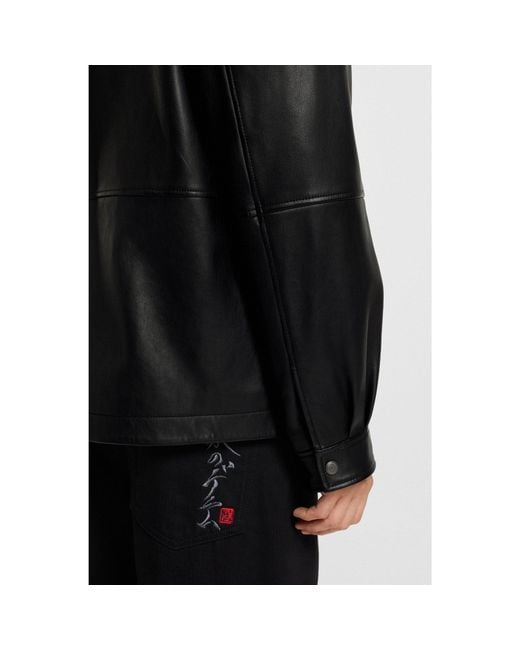 HUGO Black Regular-Fit Leather Jacket With Flap Pockets for men
