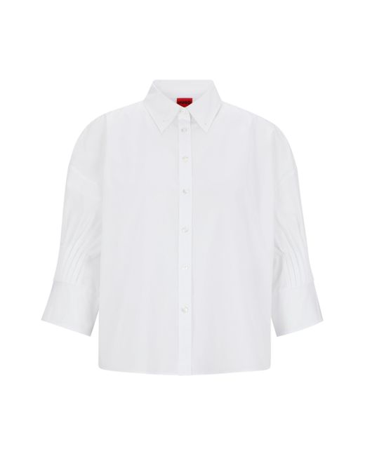 HUGO White Regular-fit Blouse In Cotton Poplin With Pleated Sleeves