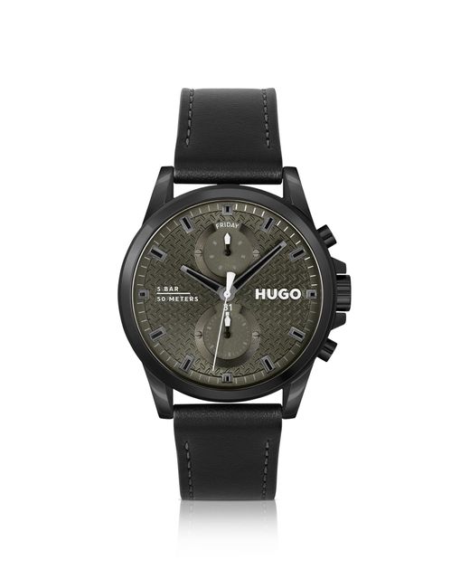 HUGO Black-plated Watch With Black Leather Strap for men