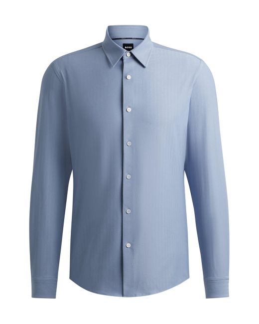 Boss Blue Slim-fit Shirt In Herringbone Performance-stretch Material for men